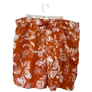 Mens Orange Tropical Floral Board Shorts Cargo Swim Trunks Size Large